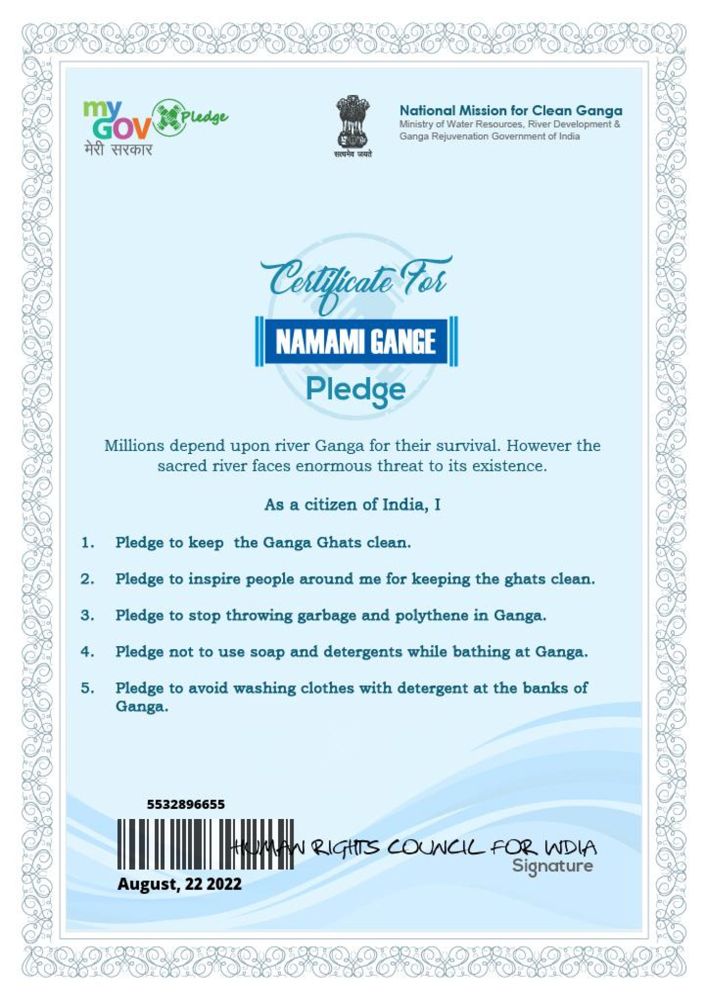 Certificate for Namami Gange